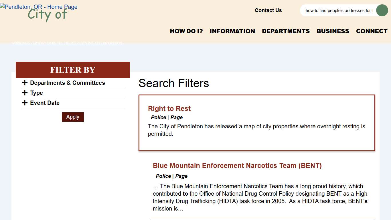 Search Filters Pendleton OR