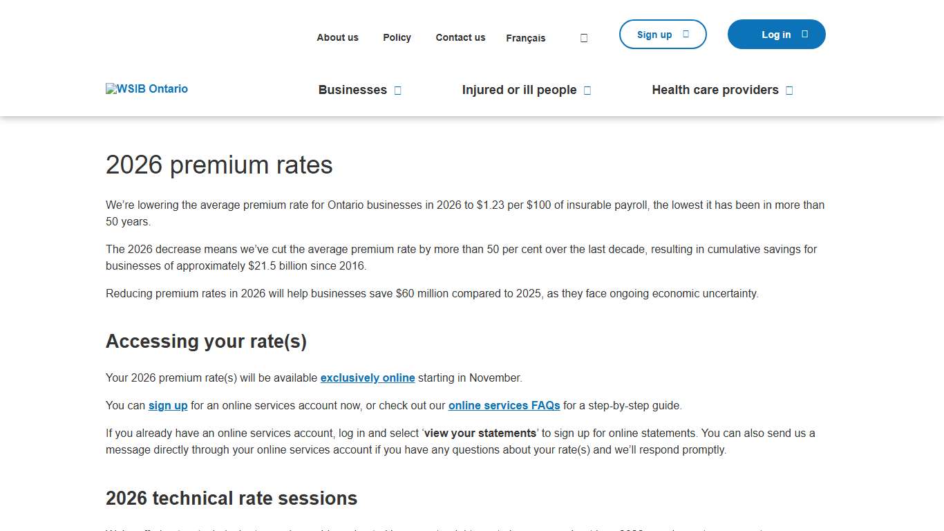 2026 premium rates WSIB